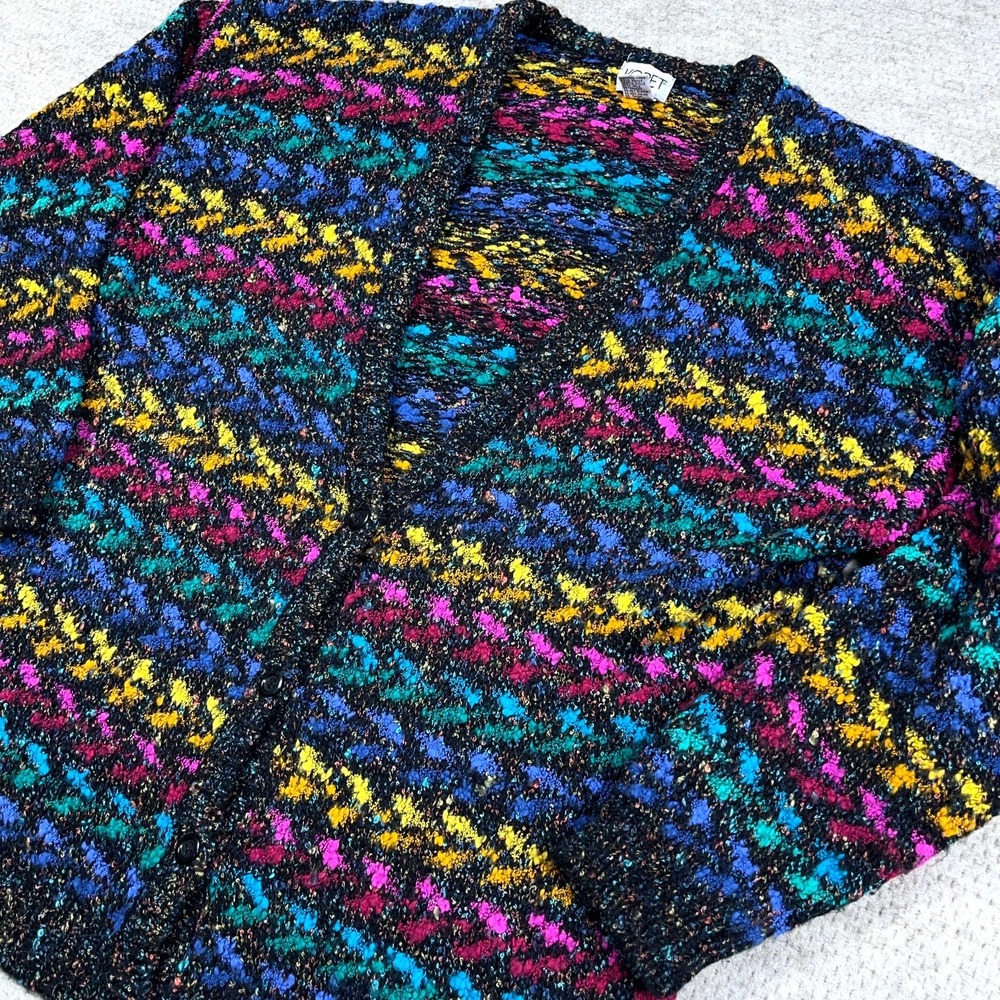 Vintage Koret Cardigan Sweater Women XL Multi Pink Blue 90s Grandpa Boho Knit - Picture 2 of 10